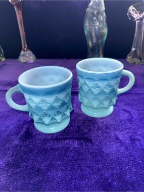 vintage Anchor Hocking Fire-King Kimberly mugs blue diamond-patterned glass.